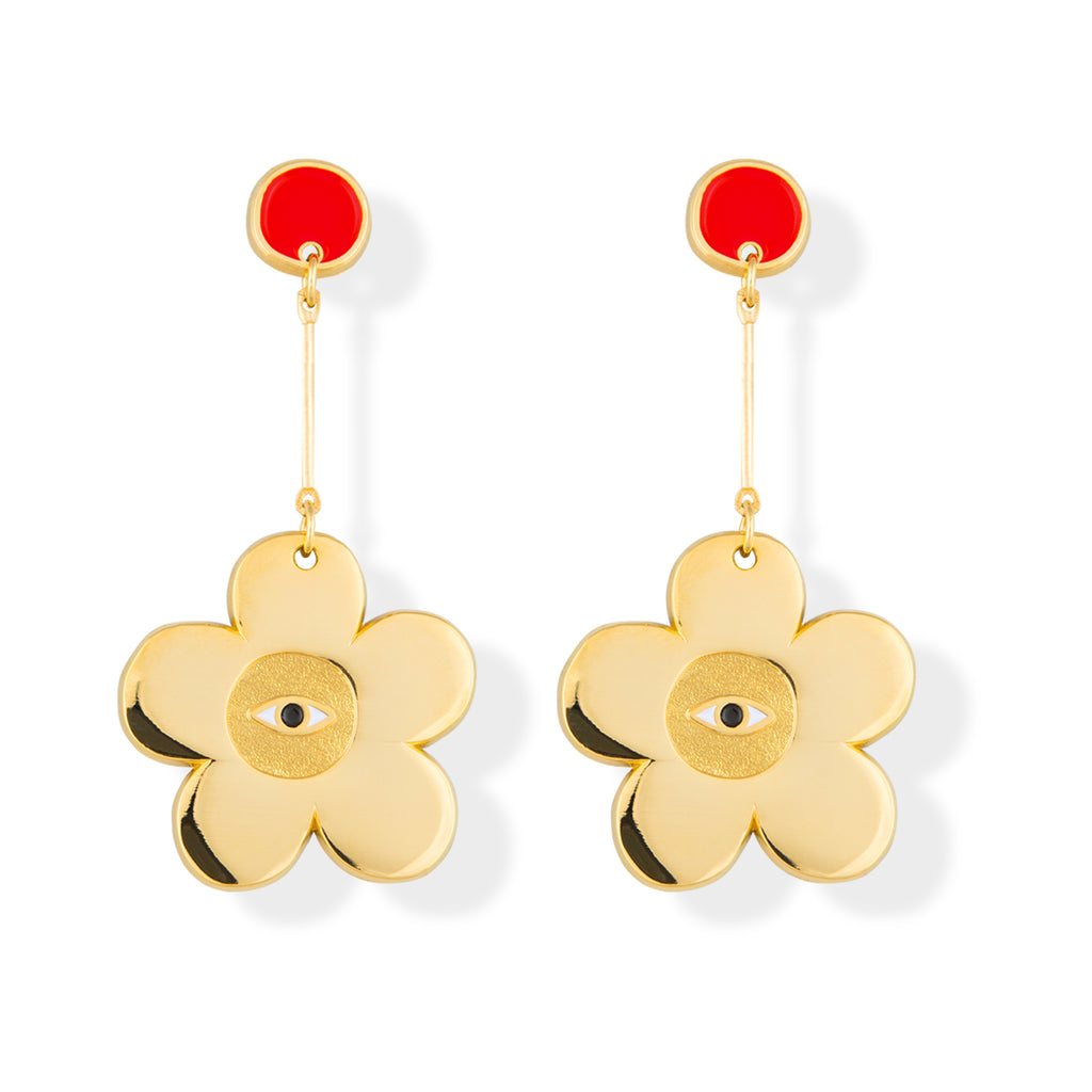 Swinging standout with these flesh flower power dang lies in glistening gold. Loved by the team at Refinery29.  Earrings are 24 carat gold-plated, light weight and suitable for all pierced ears. The base metal is surgical steel so allergy free. The earring is 6.5cm long and 3.5cm at its widest point.